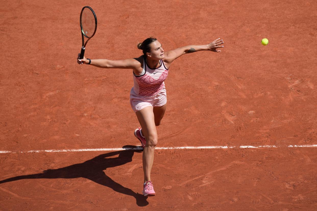 Aryna Sabalenka of Belarus plays a shot (AP)