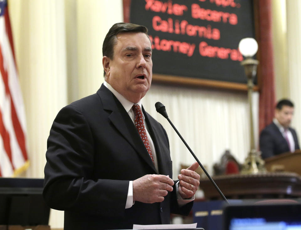 In this photo taken Monday, Jan. 23, 2017, state Sen. Joel Anderson, R-Alpine address the Senate in Sacramento, Calif. Anderson said he supports encouraging young people to vote but opposes a measure by Assemblyman Evan Low, D-Campbell, that would lower the voting age in California to 17. "Every poll that I've seen says that young people tend toward voting for Democrats," Anderson said, "so I believe that it's self-serving." (AP Photo/Rich Pedroncelli)