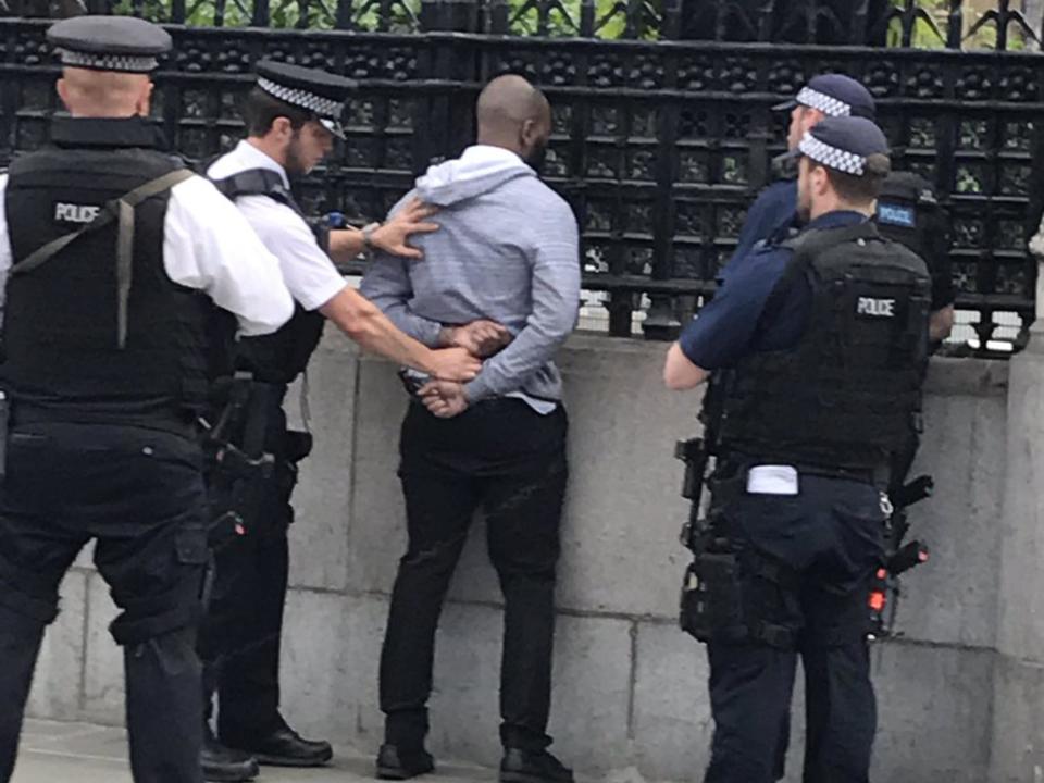 A man being arrested outside Parliament: @johnaaront/Twitter