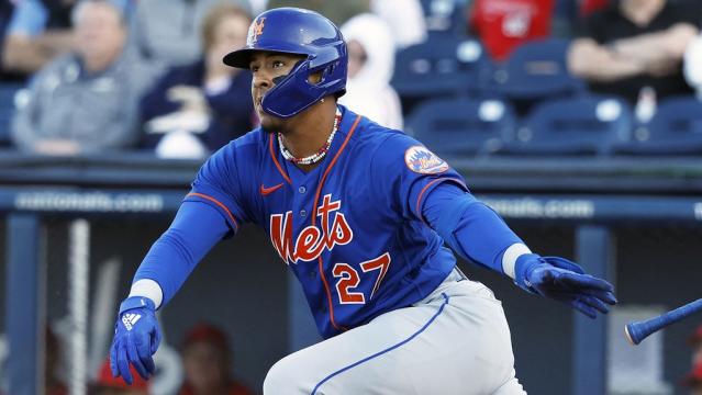 Mar 20, 2023; West Palm Beach, Florida, USA; New York Mets first baseman Mark Vientos (27) doubles against the Washington Nationals during the second inning at The Ballpark of the Palm Beaches.