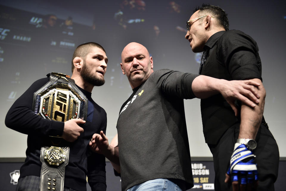 LAS VEGAS, NEVADA - MARCH 06: (L-R) Opponents Khabib Nurmagomedov and Tony Ferguson face off during the UFC 249 press conference at T-Mobile Arena on March 06, 2020 in Las Vegas, Nevada. (Photo by Chris Unger/Zuffa LLC)