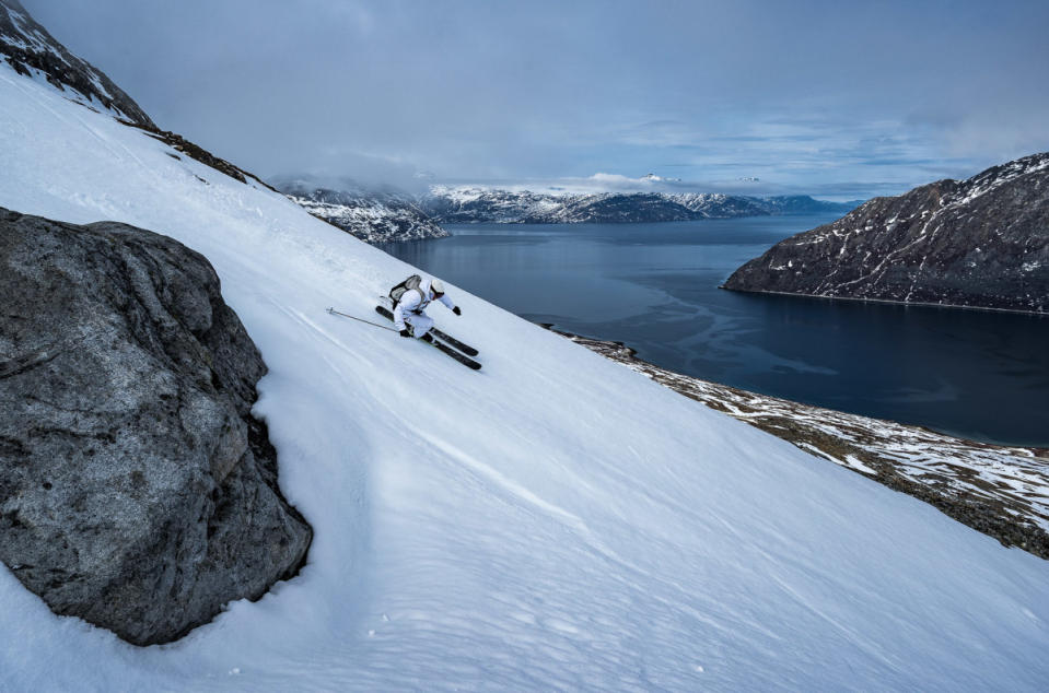 Seth skiing down to the tundra on the seaside, where our tents are pitched.<p>Aurelie Gonin</p>