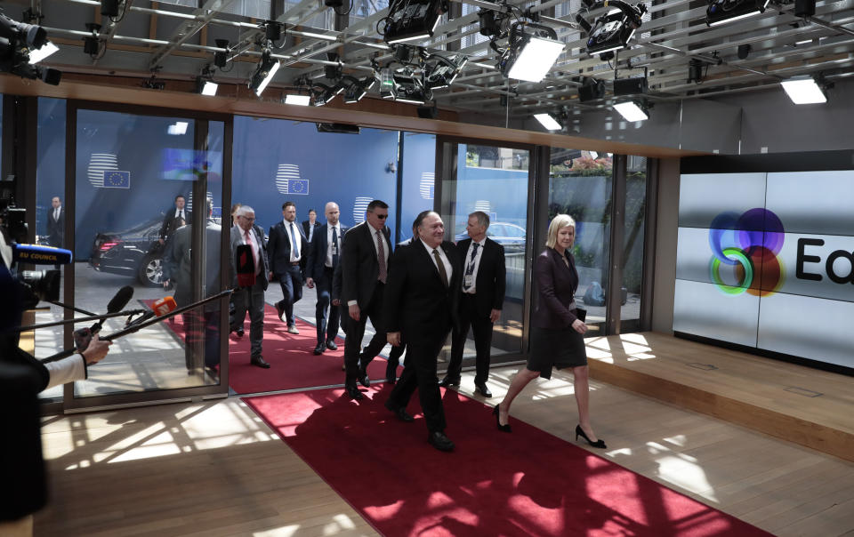 U.S. Secretary of State Mike Pompeo, center, arrives for a meeting of the US and the E3 at the Europa building, Monday, May 13, 2019. The EU backers of the Iran nuclear deal meet with U.S. Secretary of State Mike Pompeo to discuss ways to keep the pact afloat. (AP Photo/Virginia Mayo)