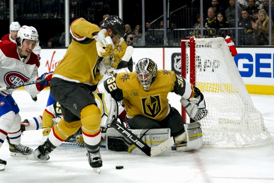 Vegas Golden Knights goaltender Jonathan Quick (32) makes a save during the third period of an NHL hockey game against the Montreal Canadiens, Sunday, March 5, 2023, in Las Vegas. (AP Photo/Lucas Peltier)