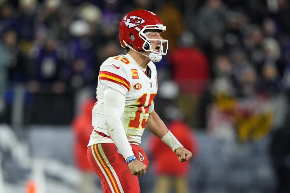 Kansas City Chiefs quarterback Patrick Mahomes (15) celebrates at the end of the AFC Championship NFL football game against the Baltimore Ravens, Sunday, Jan. 28, 2024, in Baltimore. The Chiefs won. (AP Photo/Matt Slocum)