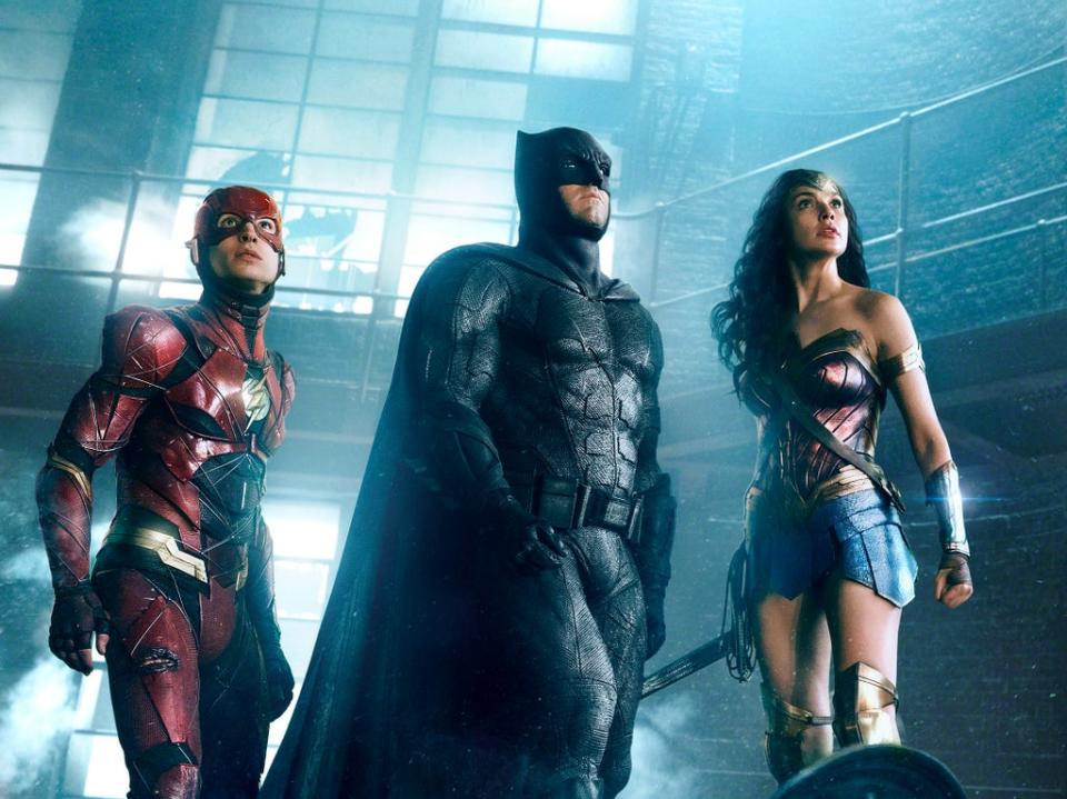 Ezra Miller, Ben Affleck and Gal Gadot in ‘Justice League' (Warner Bros)