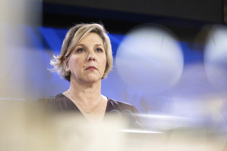 Robyn Denholm, Chair of the Technology Council of Australia and Chair of the Board of Directors of Tesla Inc, during an address to the National Press Club of Australia in Canberra on Wednesday September 14th, 2022. (Photo by Alex Ellinghausen/Sydney Morning Herald via Getty Images)