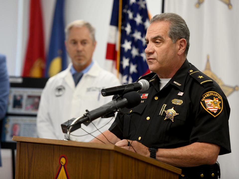 Stark County Sheriff George Maier announces that Michael Allan Leach, who had lived in Dover, is the man whose remains were found more than four years ago next to an oil well in Pike Township. He spoke Thursday during a news conference at the Stark County Sheriff's Office.