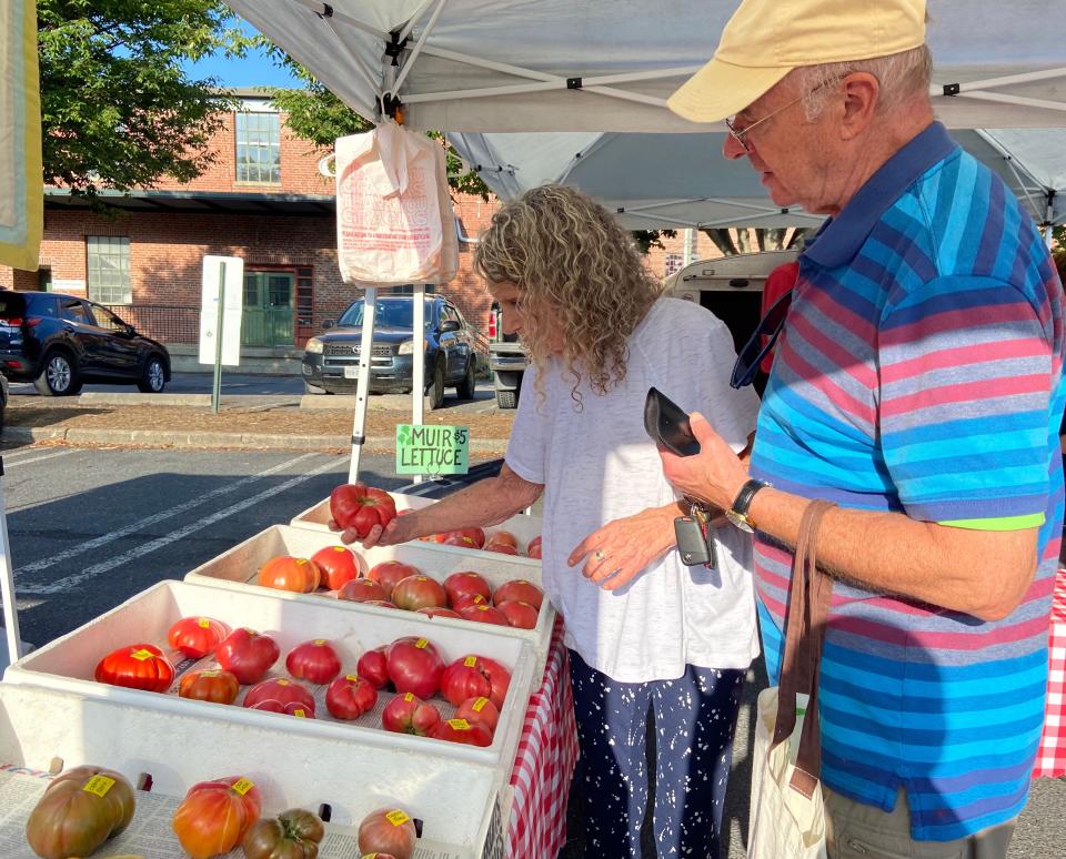 Peg Davis picks out one of her Peg O' My Heart heirloom tomatoes for artist and friend Cleveland Morris who stops by her tent at the Staunton Farmers' Market.