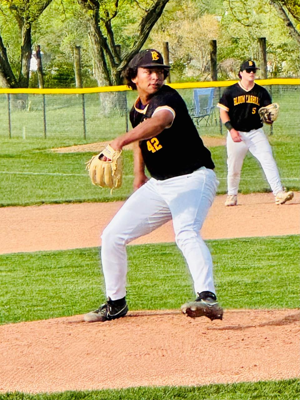 Bloom-Carroll junior pitcher Markus Roberson gets set to deliver the ball during a recent game against Logan Elm. Roberson continues to shine despite a knee injury that kept him out of action at the beginning of the season.