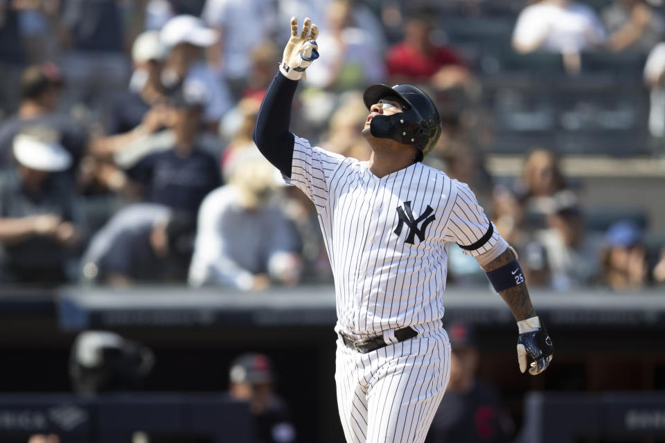 New York Yankees' Gleyber Torres reacts as he crosses home plate after hitting a home for the second time during the sixth inning of a baseball game against the Cleveland Indians, Saturday, Aug. 17, 2019, in New York. (AP Photo/Mary Altaffer)