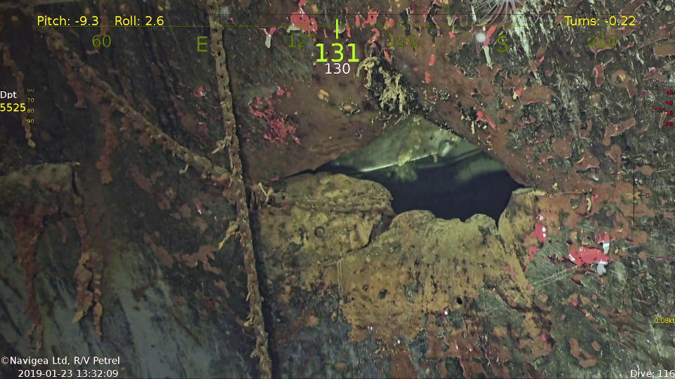 This photo provided by Paul G. Allen’s Vulcan Inc. shows damage on the hull of the USS Hornet. A research vessel funded by the late Seattle billionaire Paul Allen has discovered the wreckage of the aircraft carrier sunk in the South Pacific during World War II. Allen's Vulcan Inc. announced this week of Feb. 10, 2019, that an autonomous submarine sent by the crew of the research vessel Petrel found the USS Hornet nearly 17,500 feet (5,400 meters) deep near the Solomon Islands. The Hornet was best known for its part in the Doolittle Raid in April 1942, the first air attack on Japan. (Paul G. Allen’s Vulcan Inc. via AP)