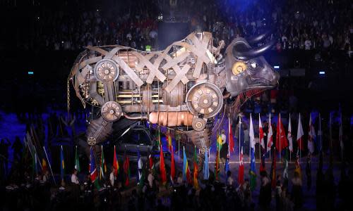 Opening Ceremony - Commonwealth Games: Day 0<br>BIRMINGHAM, ENGLAND - JULY 28:  The Raging Bull is seen surrounded by flags of the Commonwealth  during The Opening Ceremony of the Birmingham 2022 Commonwealth Games at Alexander Stadium on July 28, 2022 on the Birmingham, United Kingdom. (Photo by Marc Atkins/Getty Images)