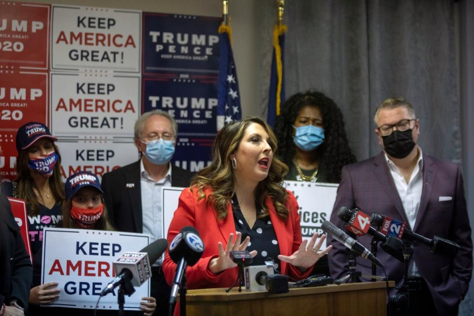 McDaniel speaks during a press conference in Bloomfield Hills, Michigan in 2020 (Getty Images)