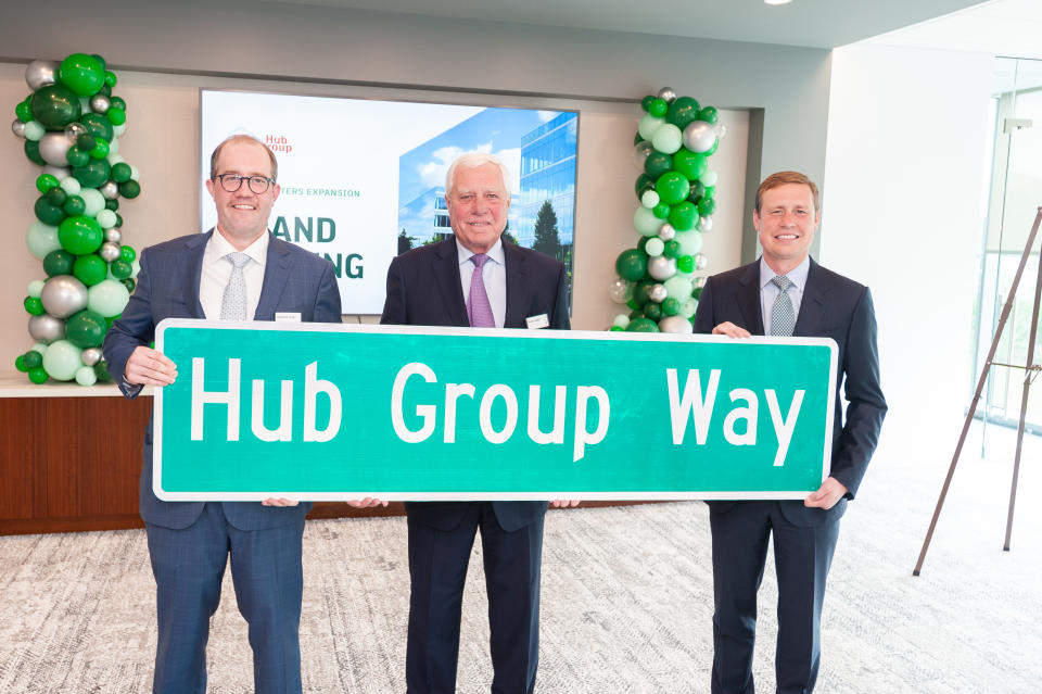 Hub Group Chairman and CEO, David Yeager is joined by Phillip Yeager, President and COO and Matthew Yeager, Executive Vice President as they officially open the second headquarters building and dedicate “Hub Group Way”.