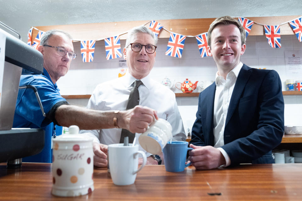 Labour Party leader Sir Keir Starmer (left) meets Tom Rutland, the Labour candidate for East Worthing and Shoreham after delivering a speech to supporters in Lancing, West Sussex, while on the General Election campaign trail. Picture date: Monday May 27, 2024. (Photo by Stefan Rousseau/PA Images via Getty Images)