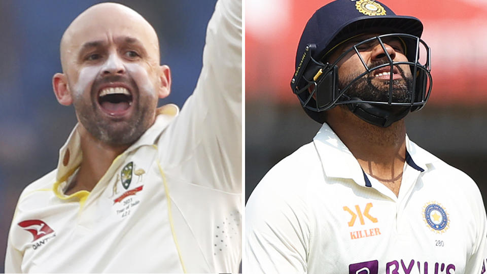 Nathan Lyon and Rohit Sharma are pictured.