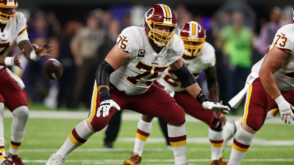 Mandatory Credit: Photo by Jeff Haynes/AP/Shutterstock (10455874pm)Washington Redskins offensive guard Brandon Scherff (75) sets to block against the Minnesota Vikings during an NFL football game, in MinneapolisRedskins Vikings Football, Minneapolis, USA - 24 Oct 2019.