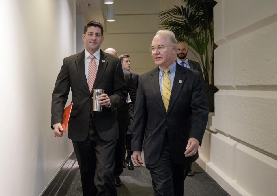 Speaker Paul Ryan and Secretary of Health and Human Services Tom Price walk together. Source: AP