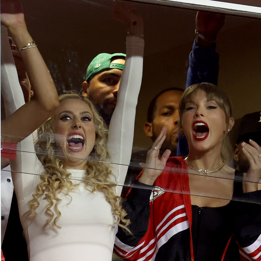  Lyndsay Bell, Brittany Mahomes and Taylor Swift celebrate a touchdown by the Kansas City Chiefs against the Denver Broncos during the second quarter at GEHA Field at Arrowhead Stadium on October 12, 2023 in Kansas City, Missouri. . 