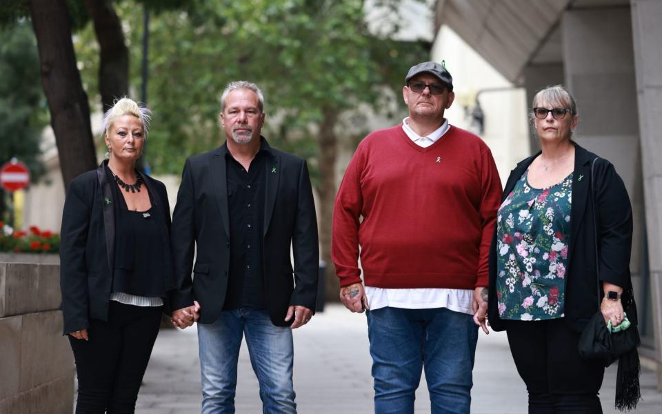 The parents and step-parents of Harry Dunn, (left to right) Charlotte Charles (mother), Bruce Charles (stepfather), Tim Dunn (father) and Tracey Dunn (stepmother). - Aaron Chown/PA 