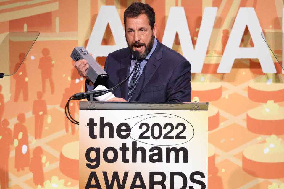 NEW YORK, NEW YORK - NOVEMBER 28: Adam Sandler accepts the Film Tribute Award onstage during The 2022 Gotham Awards at Cipriani Wall Street on November 28, 2022 in New York City. (Photo by Mike Coppola/Getty Images for The Gotham Film & Media Institute)