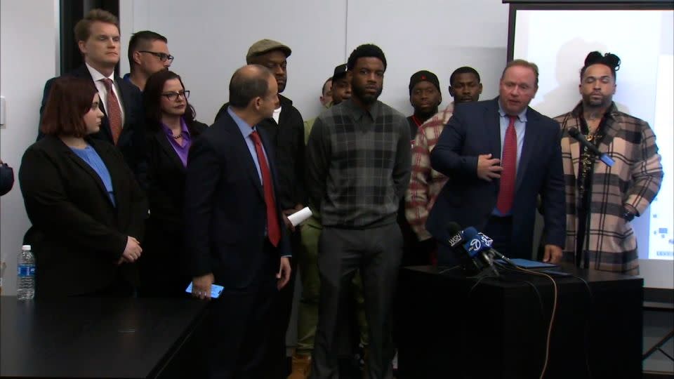 D. Todd Mathews, the lead counsel at the law firm Bailey & Glasser LLP, right, speaks during a press conference with attorneys and abuse survivors on May 7 in Chicago. - WLS