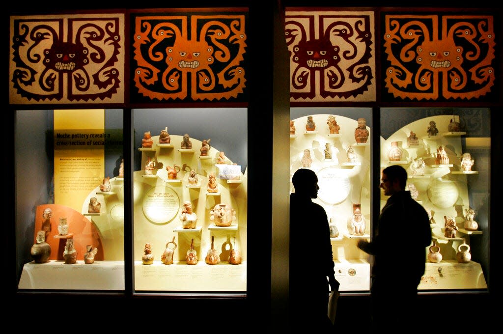 A display of ceramic pottery from the Moche culture, from the northern coast of Peru, is part of The Field Museum's new exhibit called "The Ancient Americas."