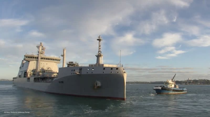 HMNZS Aotearoa departs to provide disaster relief and assistance to Tonga after a volcanic eruption and tsunami, from Auckland