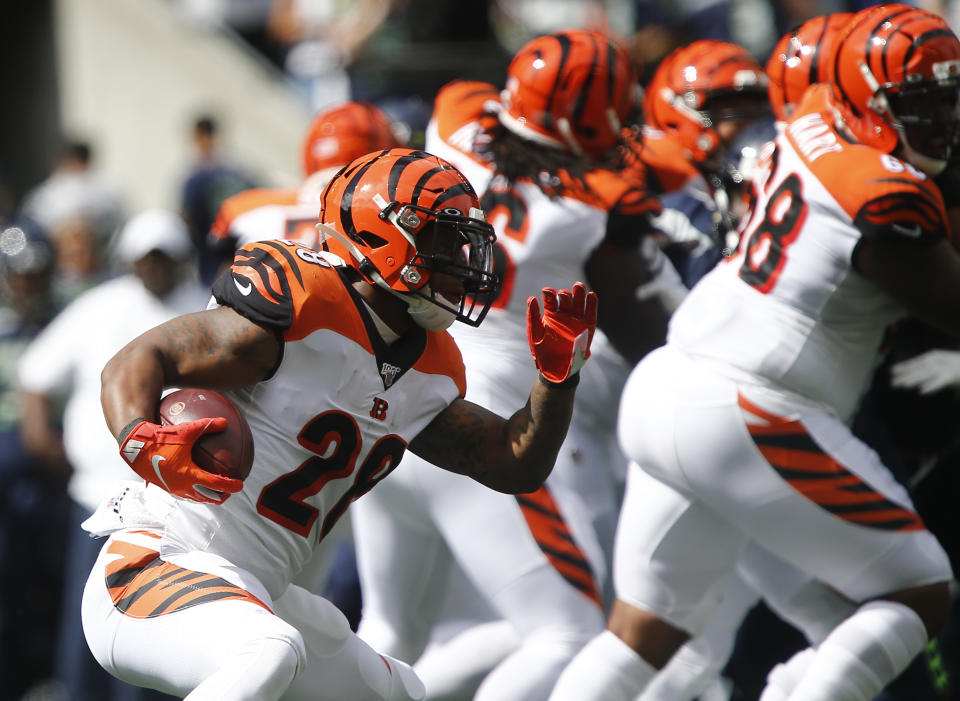 Joe Mixon #28 of the Cincinnati Bengals runs against the Seattle Seahawks in the first quarter at CenturyLink Field on September 8, 2019 in Seattle, Washington. (Photo by Lindsey Wasson/Getty Images)