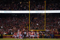 Kansas City Chiefs place kicker Harrison Butker (7) kicks a field goal against the Cincinnati Bengals during the first half of the NFL AFC Championship playoff football game, Sunday, Jan. 29, 2023, in Kansas City, Mo. (AP Photo/Jeff Roberson)