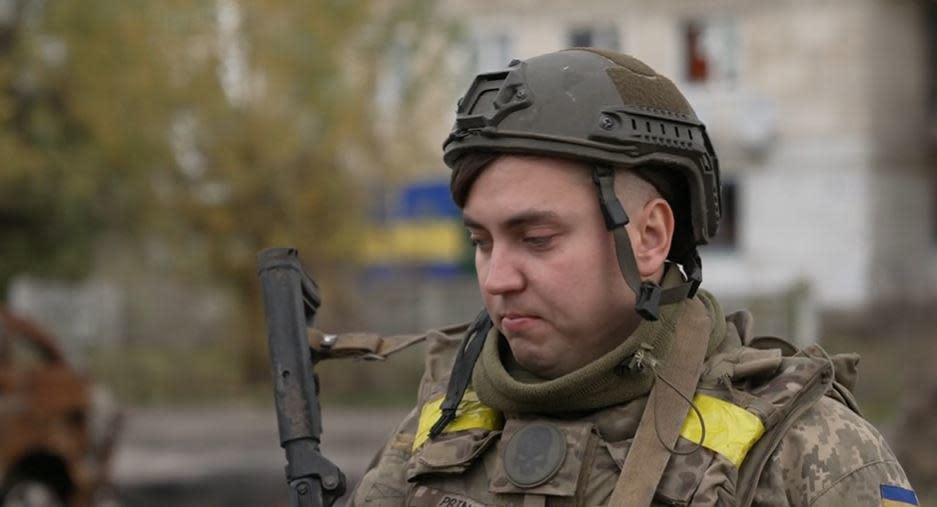 Ukrainian Army Private Andriy Rogalski speaks with CBS News in the liberated town of Vysokopillia, in Ukraine's southern Kherson region, in early November, 2022. / Credit: CBS News