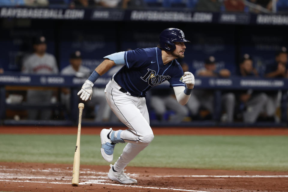 Tampa Bay Rays' Josh Lowe watches his RBI-single against the Houston Astros during the third inning of a baseball game Monday, April 24, 2023, in St. Petersburg, Fla. (AP Photo/Scott Audette)