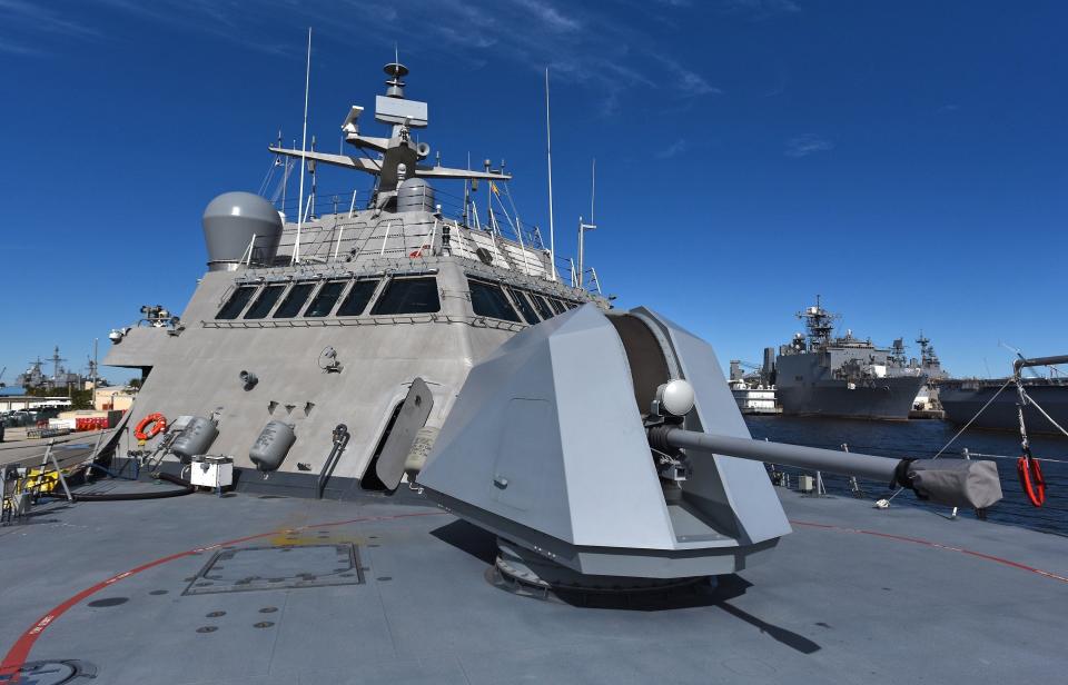 The bow cannon on the USS Detroit was clean and ready in this December 2016 photo from a ceremony celebrating the ship's arrival at Naval Station Mayport.