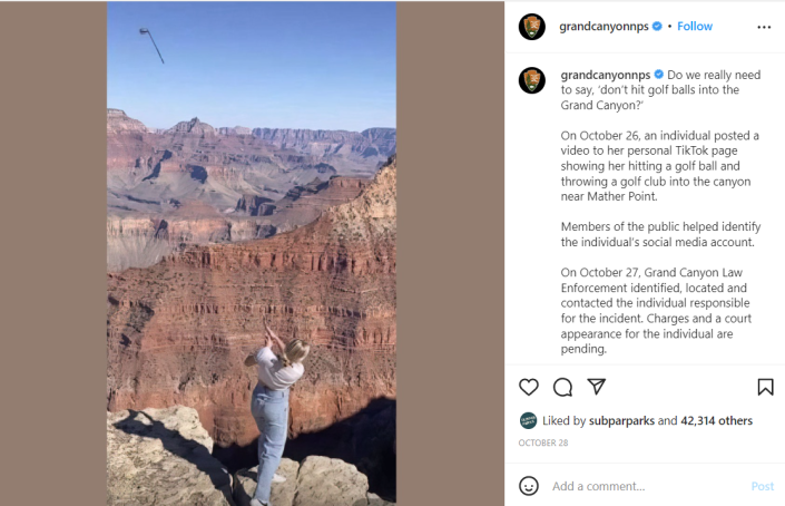 A day after influencer Katie Sigmond posted a video of herself golfing on the South Rim of the Grand Canyon, the National Park Service announced that she was identified and charged for the stunt.