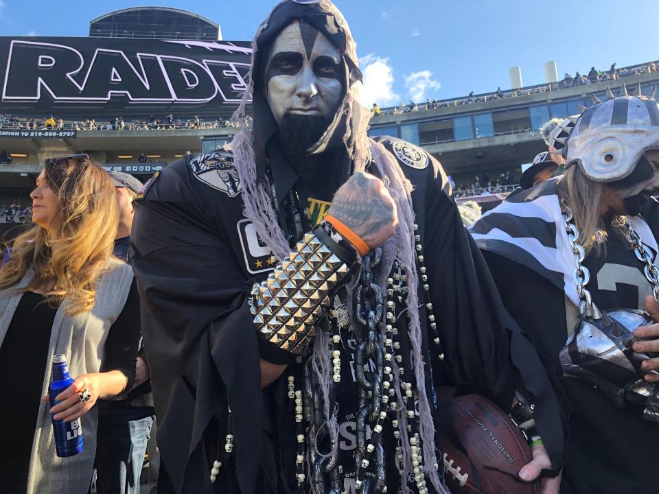 The "Grim Raider" was heartbroken at the Raiders' final game in Oakland. (Torrey Hart/Yahoo Sports)