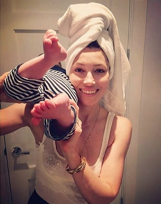 Jessica Biel, reposting a photo of herself and baby boy Silas on a hectic morning, which was originally shared by a company that recaps the daily news, The Skimm: “On @theskimm Well good morning @JessicaBiel. UpWiththeSkimm #SkimmLife” -@jessicabiel (Photo: Instagram)