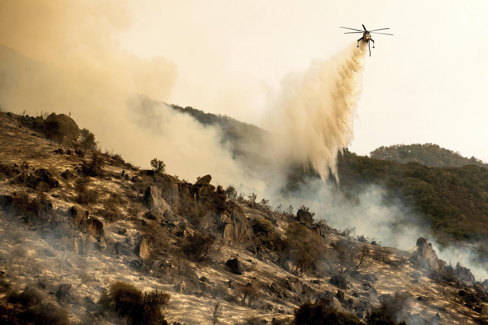 A helicopter drops water on the KNP Complex Fire burning along Generals Highway in Sequoia National Park, Calif., on Wednesday, Sept. 15, 2021. The blaze is burning near the Giant Forest, home to more than 2,000 giant sequoias. (AP Photo/Noah Berger)