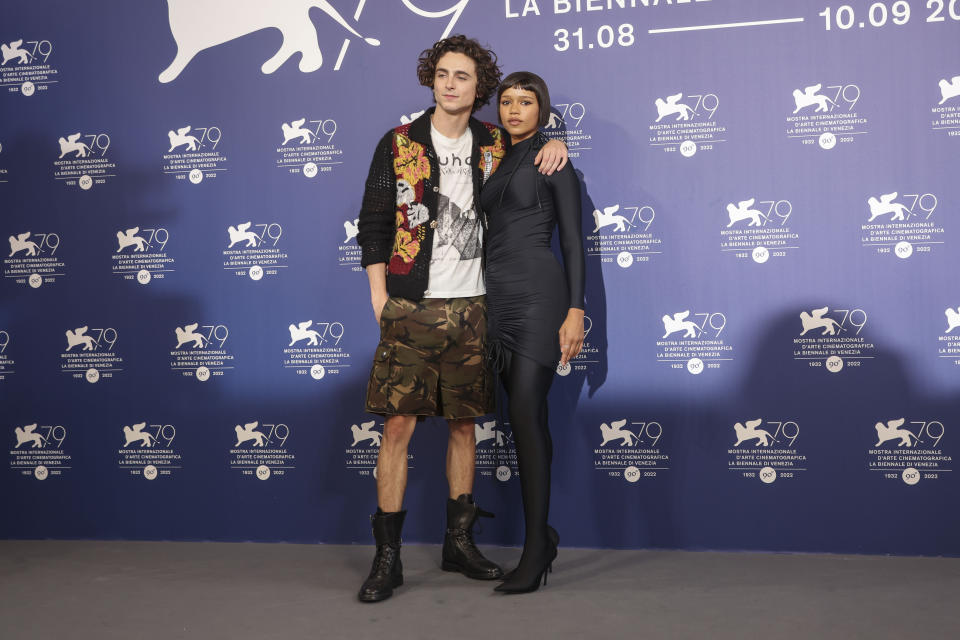 Timothee Chalamet, left, and Taylor Russell pose for photographers at the photo call for the film 'Bones and All'during the 79th edition of the Venice Film Festival in Venice, Italy, Friday, Sept. 2, 2022. (Photo by Joel C Ryan/Invision/AP)