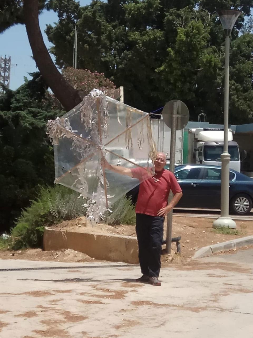 <div class="inline-image__caption"><p>"This is my farher Shalom Yospe</p><p>From kibutz nahal oz, in Israels negev by Gaza</p><p>This kite was sent as a "present"</p><p>Attached to a lit Molotov coktail bottle</p><p>In order (to continue) to burn their fields,</p><p>If not homes and kindergartens,</p><p>Some will call this shocking, </p><p>My father, for the last several months,</p><p>Calls this reality.</p><p>Happy Father's day, dad."</p><p>-Adam Raktov Yospe</p></div> <div class="inline-image__credit">Courtesy of Yospe Family</div>