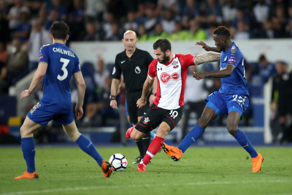 Southampton’s Charlie Austin in action against Leicester