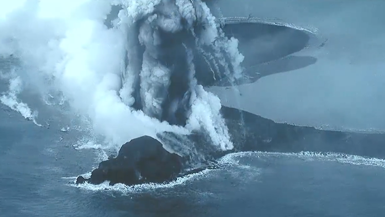 An aerial view of the latest eruption of an underwater volcano near Iwo Jima.