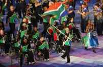 LONDON, ENGLAND - AUGUST 29: Athlete Oscar Pistorius of South Africa carries the flag during the Opening Ceremony of the London 2012 Paralympics at the Olympic Stadium on August 29, 2012 in London, England. (Photo by Scott Heavey/Getty Images)