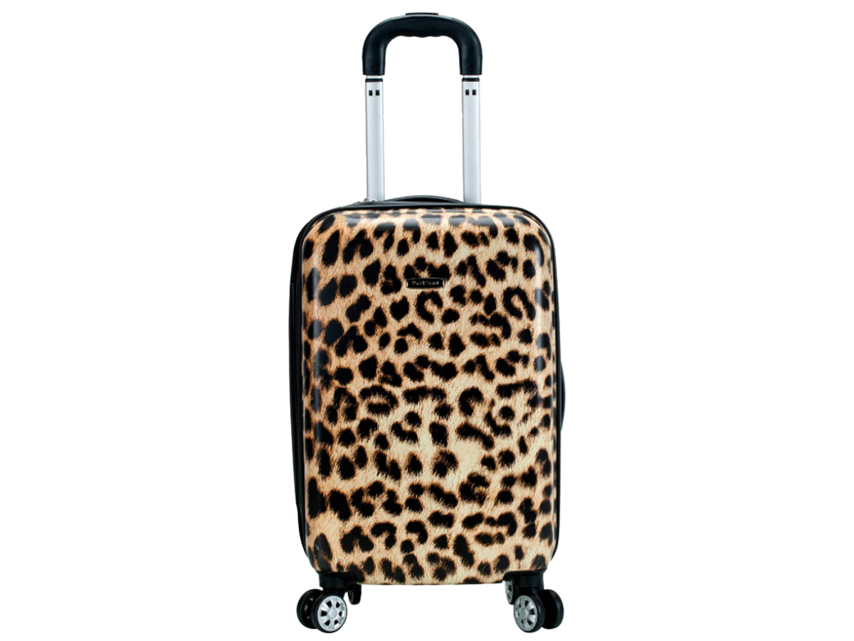 Leopard print suitcase.