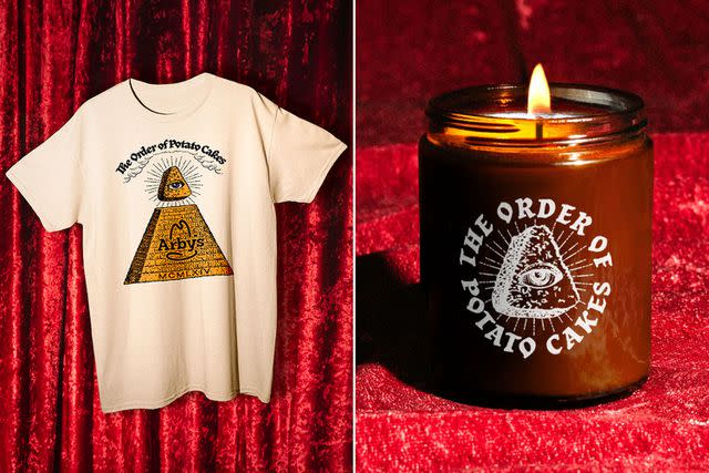 <p>Arby's</p> Some of the Arby's Potato Cake merchandise items, including a T-shirt and a candle