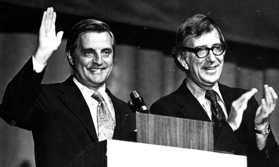 Longtime American Federation of Teachers President Albert Shanker, pictured with U.S. Vice President Walter Mondale, argued against a federal Department of Education. (Jack O’Connell/The Boston Globe via Getty Images)