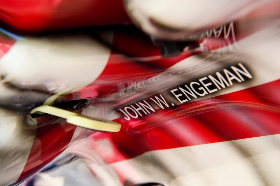 John W. Engeman's name under the trunk hood of Patrick Ellis' 2015 Dodge Hellcat.