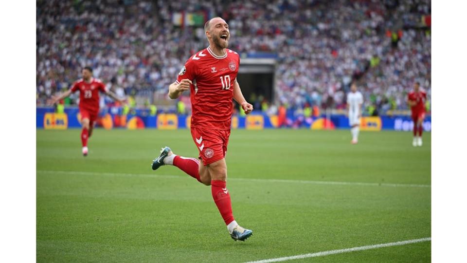  Christian Eriksen of Denmark celebrates scoring his team's first goal during the UEFA EURO 2024 group stage match between Slovenia and Denmark