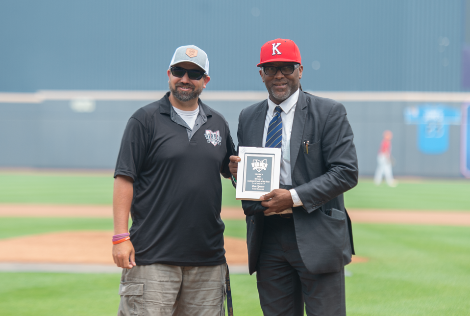 Division I Assistant Coach of the Year Kent Roosevelt's Ron Spears, right, with Northeast Ohio Baseball Coaches' Association President Aaron DeBord prior to area all-star games June 28 at Canal Park in Akron. DeBord says to his knowledge summer baseball games in Summit County with high school-age players have not had cancellations because of air quality, but some little league games have been cancelled because of it.