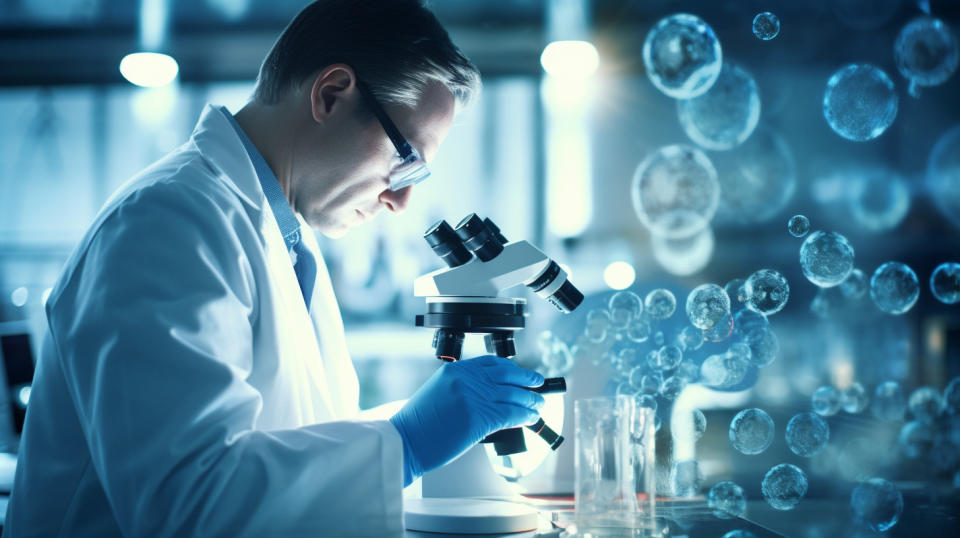 A medical scientist in a lab coat looking through a microscope at the cultured cells in a petri dish.